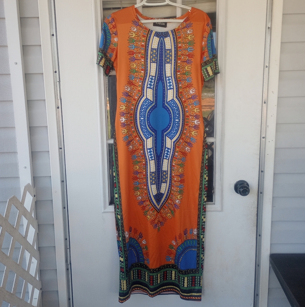 Karan Women's Dress L Orange Long Elegant African Print 18" Chest X 50" Length